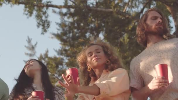 太陽の下で屋外の夏のパーティーを持っている間 屈託のない若い多民族の友人が赤いカップからダンスやお酒を飲みながらゆっくりとした角度の腰 — ストック動画