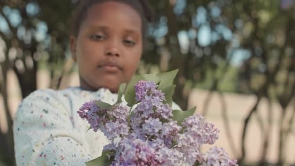 Closeup Médio Com Lentidão Menina Afro Americana Bonita Segurando Arbusto — Vídeo de Stock
