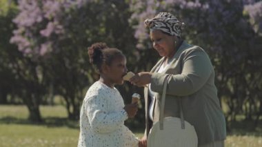Afrika kökenli Amerikalı anne ve kızın yaz mevsimini dışarıda parkta geçirirken dondurma yiyip sohbet etmesinin orta yavaş hâli. Arka planda güzel leylak çiçekleri var.