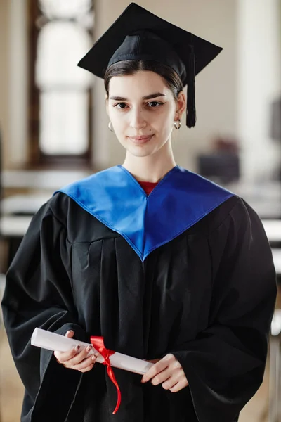 Vertical Portrait Young Woman Wearing Graduation Gown Smiling Camera — Stock Photo, Image