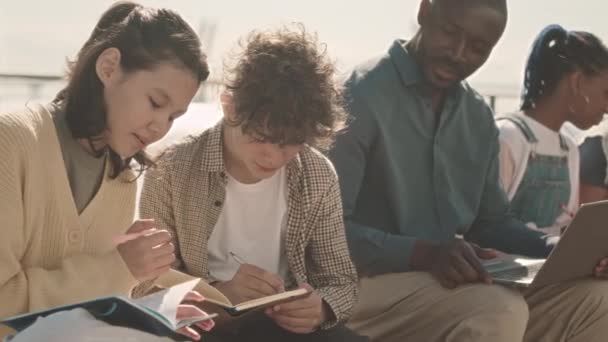 中等速度慢的多族裔学童在抄本上记笔记 与现代非洲裔美国教师坐在码头的日志上 在户外学习 — 图库视频影像