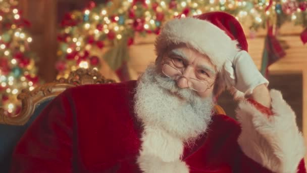 Waist Slowmo Portrait Kind Bearded Red Santa Smiling Camera While — стоковое видео