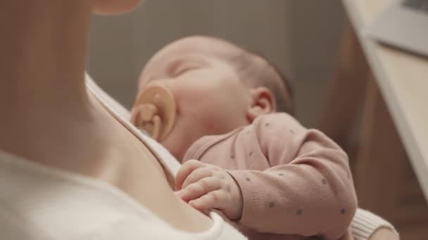 Medium Closeup Slowmo Beautiful Baby Girl Sleeping Peacefully Arms Loving — Stock Video
