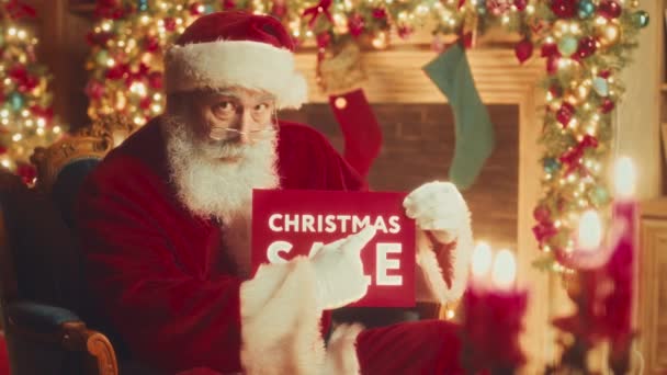 Medium Slowmo Portrait Modern Santa Claus Smiling Camera Holding Christmas — Stock Video