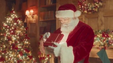 Medium slowmo of bearded Santa Claus opening red Christmas present box standing by beautifully decorated Christmas trees with sparkling lights