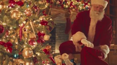 Bearded Santa Claus putting beautiful present boxes under decorated Christmas tree on Xmas Eve