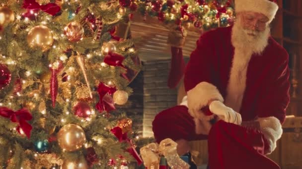 stock video Bearded Santa Claus putting beautiful present boxes under decorated Christmas tree on Xmas Eve