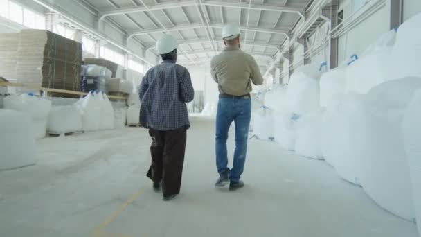 Rear View Diverse Couple Colleagues Talking While Walking Cement Production — Video