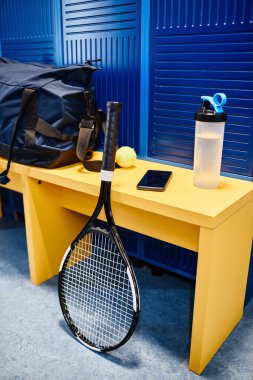 Soyunma odasındaki tenis raketi ve spor malzemelerinin dikey arkaplan görüntüsü