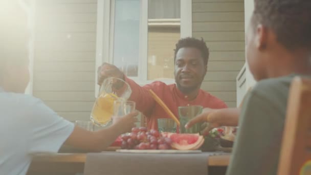 ハッピーなアフリカ系アメリカ人の家族4人が 晴れた日に裏庭で昼食を共にした 彼の最愛の妻と子供に自家製のレモネードを注ぐ黒人男性 — ストック動画