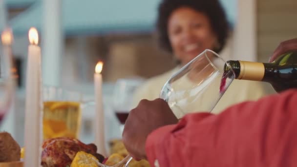 Closeup Unrecognizable Black Man Pouring Red Wine Glass Outdoor Family — Stok video