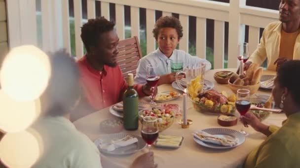 Shot Cheerful Excited Black Man Making Toast Dinner Table Beloved — Stock videók