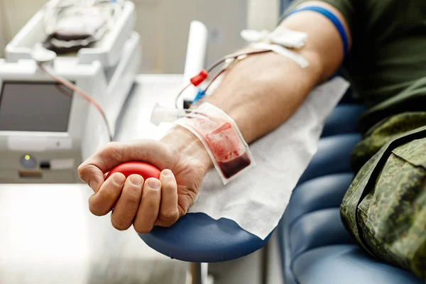 Closeup Male Hand Blood Bag Blood Donation Center Copy Space — Stock Photo, Image
