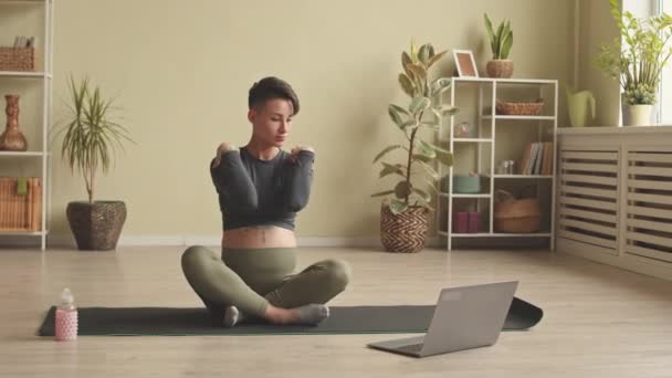 Slowmo Contemporary Young Pregnant Woman Having Online Sports Training Home — Vídeos de Stock