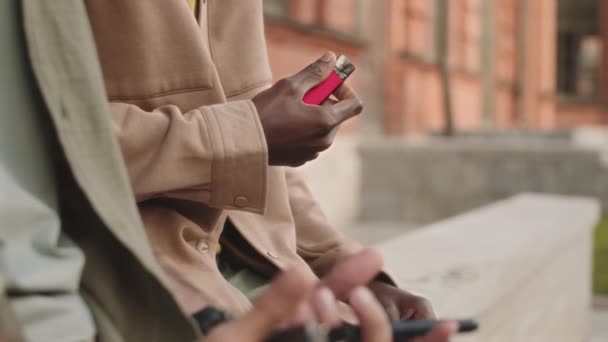 Cropped Slowmo Unrecognizable Black Man Holding Electronic Cigarette Hands — Stockvideo