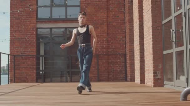 Full Length Slowmo Fancy Boy Vintage Blue Jeans Black Tank — Stock Video