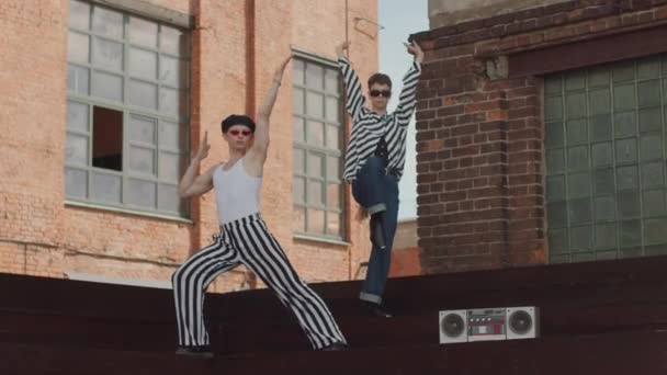 Full Shot Two Fancy Caucasian Boys Retro Outfits Dancing Vogue — Vídeos de Stock