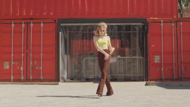 Stylowa Blondynka Dziewczyna Modnym Vintage Strój Taniec Moda Świeżym Powietrzu — Wideo stockowe