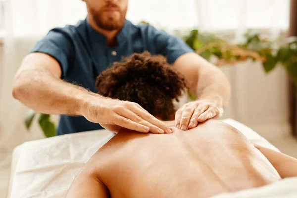 Warm Toned Closeup Man Massaging Back Shoulders Young Woman Enjoying — Stock Photo, Image