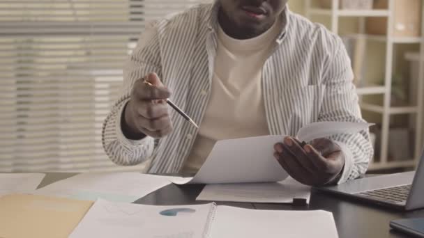 Cropped Pov Black Man Reading Candidate Resume Reaching His Hand — Stock Video