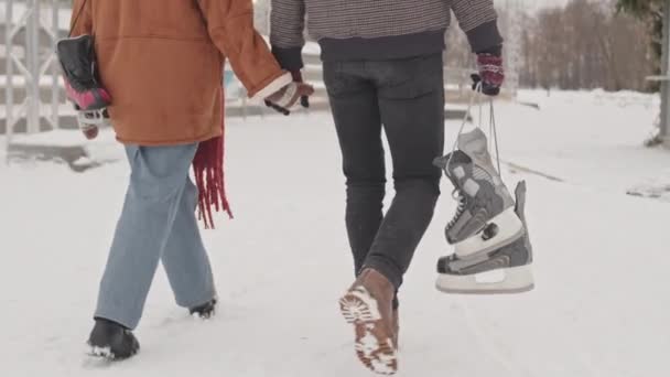 手のスケートで屋外アイスリンクの領域に沿って雪の上を歩いている間 認識できないカップルの背中ビュー — ストック動画