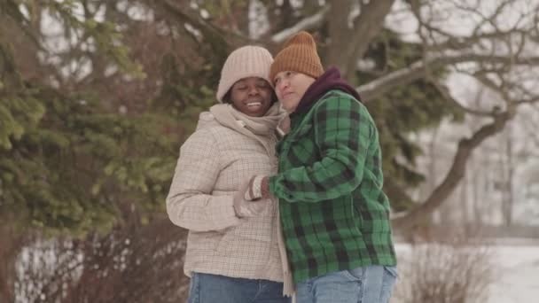 美しい冬の森に立って手と抱擁を愛する多民族レズビアンガールフレンド — ストック動画