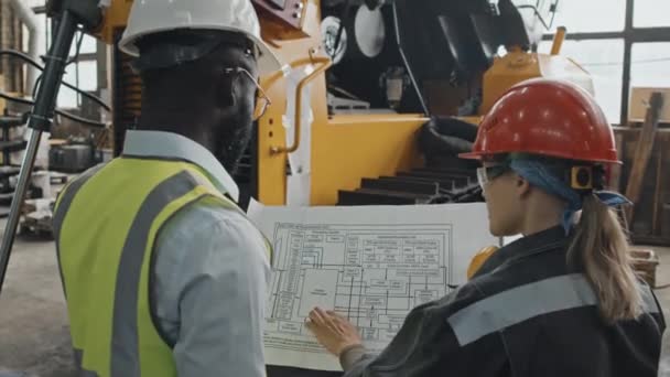 Back View Two Multiethnic Colleagues Looking Bulldozer Machine Discussing Printed — Stock Video