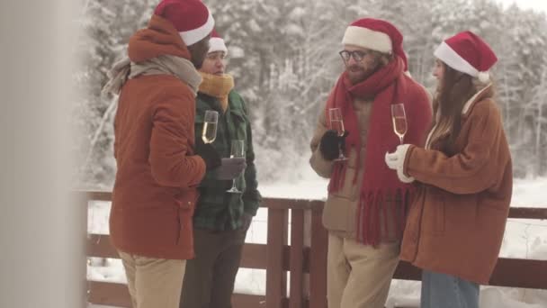 Kompania Młodych Wielonarodowych Przyjaciół Czerwonych Kapeluszach Świątecznych Rozmawiających Pijących Szampana — Wideo stockowe