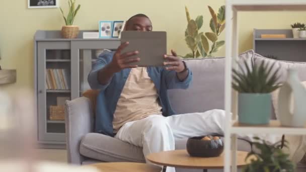 Young Handsome Black Man Having Video Conversation Digital Laptop While — Stock Video