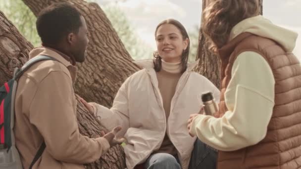 一个女孩和两个男孩在公园散步 一边聊天 一边用热水瓶喝热茶 — 图库视频影像