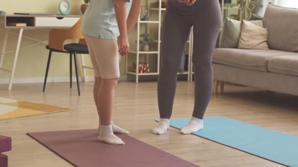 Matka Pomaga Córce Zespołem Downa Zachować Równowagę Stojąc Jednej Nodze — Wideo stockowe