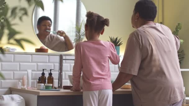 非洲裔美国妇女和她的小女儿站在洗澡间镜子前刷牙的背景图 — 图库视频影像