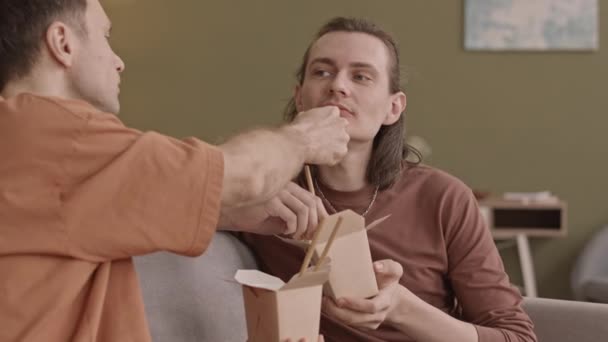 Caucasian Gay Couple Love Having Romantic Date Cozy Home Eating — Stock Video