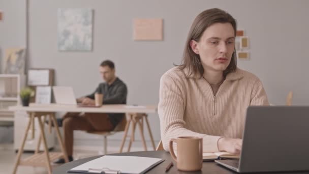 Mladý Běloch Psaní Notebooku Zatímco Pracuje Kanceláři Mužským Kolegou — Stock video