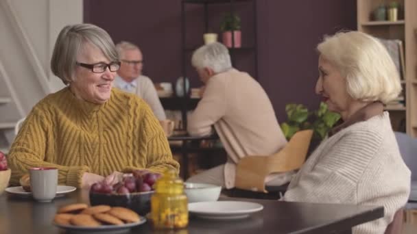 Dos Mujeres Ancianas Caucásicas Charlando Mientras Están Sentadas Mesa Comedor — Vídeos de Stock