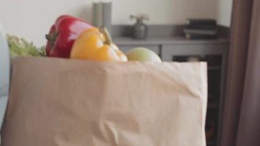 Genç Afrikalı Amerikalı kadın sosyal hizmet görevlisi evdeki kanepede dinlenen beyaz yaşlı adama kağıt alışveriş torbası içinde taze meyve, sebze ve diğer gıda ürünleri getiriyor.