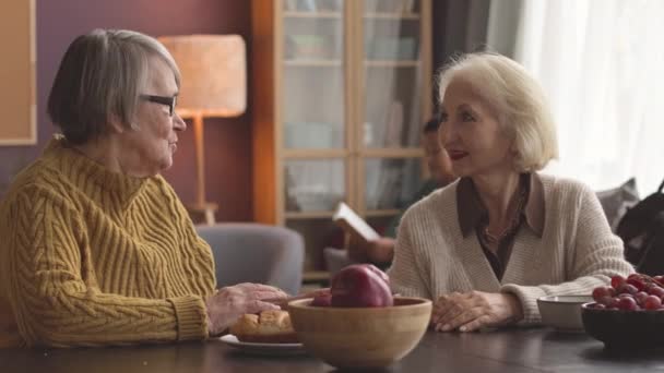Dos Mujeres Mayores Caucásicas Conversando Mesa Acogedor Hogar Ancianos — Vídeos de Stock