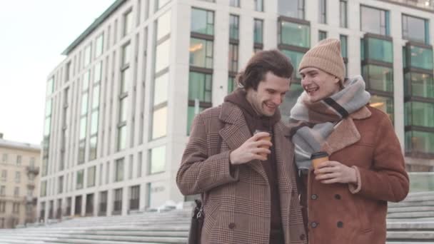 Medium Slowmo Romantic Young Caucasian Couple Drinking Coffee Takeaway Cups — Stock Video