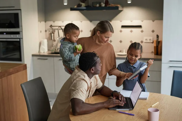 Portrait Multiethnic Family Two Kids Home Interior Black Caucasian Parent — Stock Photo, Image