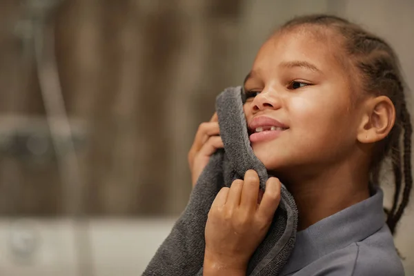 Close Little Black Girl Washing Face Bathroom Holding Towel Night — Stock Photo, Image