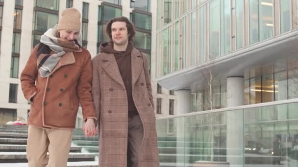 Cuplu Homosexual Tânăr Frumos Ținând Mâinile Purtând Conversații Timp Plimbă — Videoclip de stoc