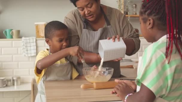 Zwei Afroamerikanische Zwillingsgeschwister Helfen Ihrer Geliebten Oma Bei Der Teigzubereitung — Stockvideo