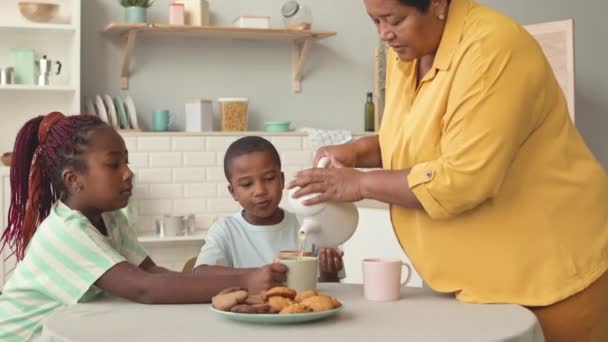 Afro Americana Avó Seus Dois Netos Tween Beber Chá Com — Vídeo de Stock