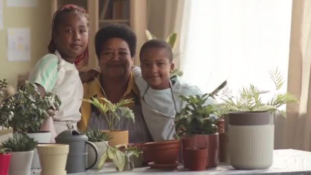Portret Szczęśliwej Afroamerykańskiej Babci Jej Dwójki Pomocnych Wnuków Uśmiechniętych Aparatu — Wideo stockowe