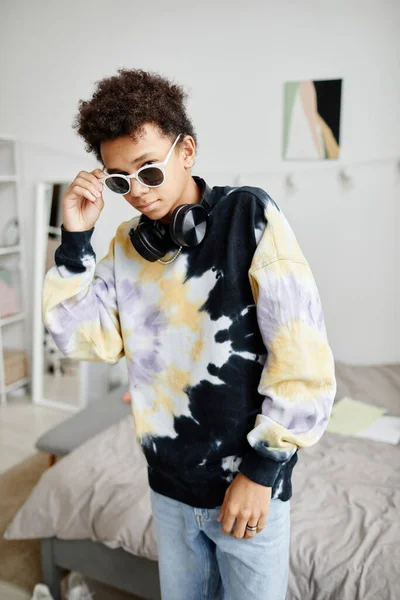 Vertical Portrait Trendy Gen Teenager Wearing Sunglasses Tie Dye Shirt — Stock Photo, Image