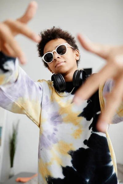 Vertical Portrait Trendy Gen Teenager Wearing Sunglasses Gesturing Camera — Stock Photo, Image