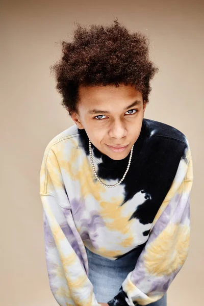 아프리카계 미국인 소년의 초상화 넥타이 셔츠를 베이지색 배경에 카메라에 기대고 — 스톡 사진
