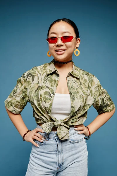 Vertical Portrait Asian Teenage Girl Wearing Trendy Colored Sunglasses Blue — Stock Photo, Image