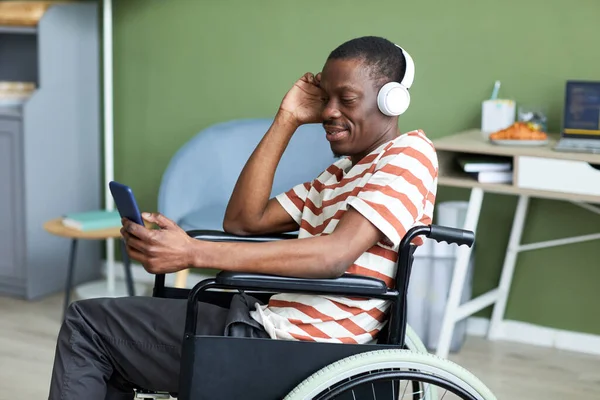 Side View Portrait Smiling African American Man Disability Listening Music — Stock Photo, Image