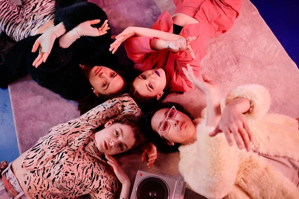 Top View Vogue Dance Crew Lying Floor Red Neon Light — Stock Photo, Image